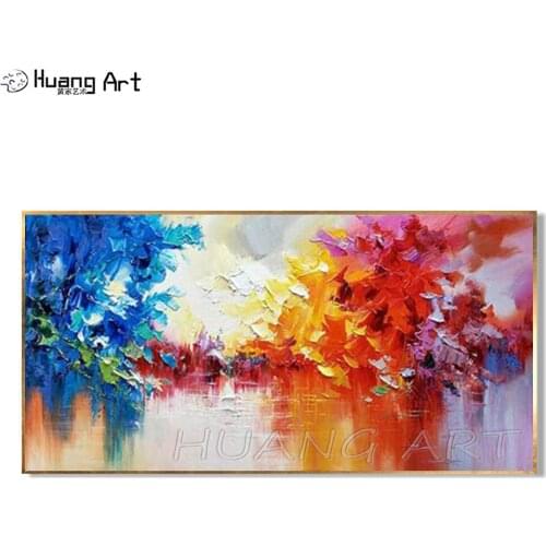 Free Shipping Handmade Lake Landscape Painting on Canvas Can be Custom Abstract Modern Colorful Tree Oil Painting for Decor