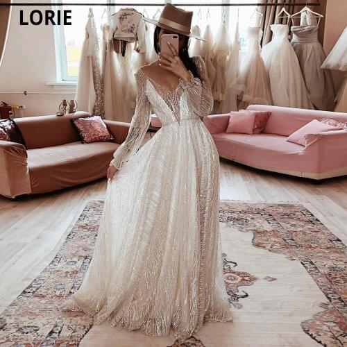 LORIE Glitter Lace Beach Wedding Dresses 2020 V Neck Long Sleeevs Backless Shiny Boho Bridal Gowns Plus Size Princess Party Gown