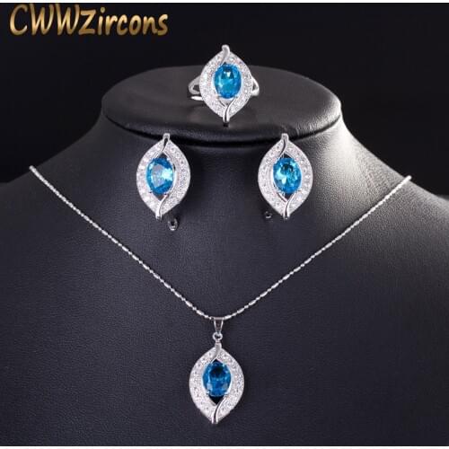 CWWZircons 2020 Fashion Brand Light Blue Sapphire Topaz Crystal Necklace Earring 925 Sterling Silver Jewelry Set for Women T190