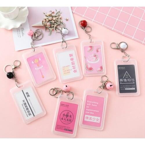 Women Transparent Id Card Holders Hard IC Bus Door Card Cover Student Children Cute Cartoon Bell Key Ring Badge Card Case Holder