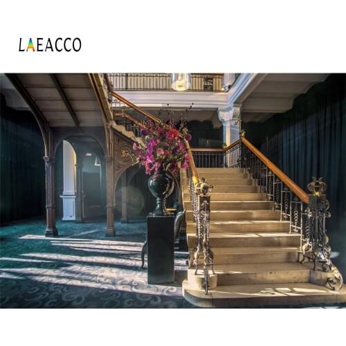 Laeacco Luxury Palace Villa Stairs Potted Plants Flowers Photography Backdrops Interior Photo Backgrounds Portrait Photophone