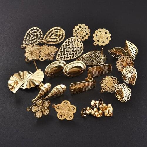 10pcs Gold Silver Stainless Steel Earring Stud Geometric Round Hollow Flowers Base Connectors DIY Jewelry Making Accessories