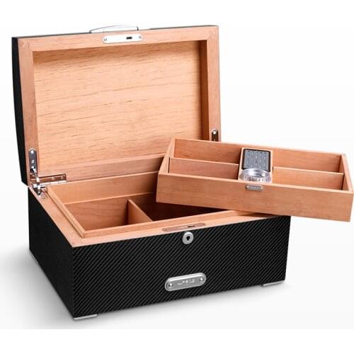 JIFENG Business Carbon Fiber Cedar Wood Humidor Box Tobacco Case Holder W/Lock & Humidifier & Hygrometer Fit COHIBA Cigars