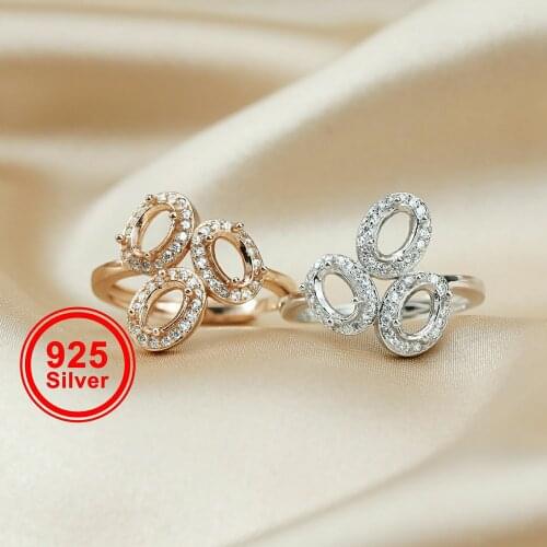 4x6MM Oval Prong Ring Settings Solid 925 Silver Rose Gold Plated Three Stones DIY Adjustable Ring Bezel 1224089