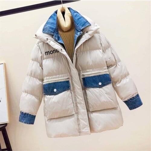 Cotton Clothing Womens Mid-Length 2019 Winter Fashion New Loose Denim Stitching Fake Two-Piece Cotton Jacket Tide H00966