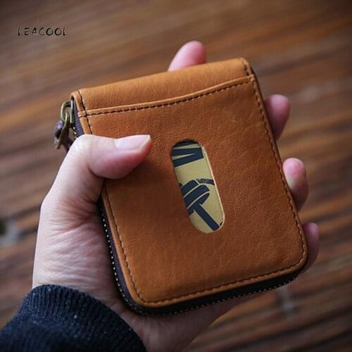 LEACOOL Genuine Leather Short Wallet Handmade Multifunction Storage Bag Coin Purse Wallets Card Bags With Zipper