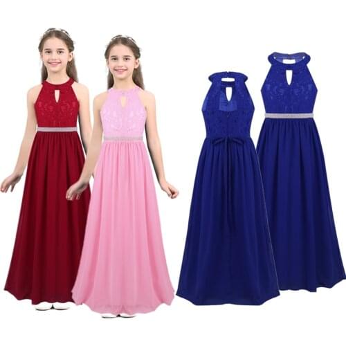 2021 Teen Girls Summer Chiffon Halter Beaded Waist Flower Girls Dress Princess Pageant Wedding Bridesmaid Birthday Party Dress