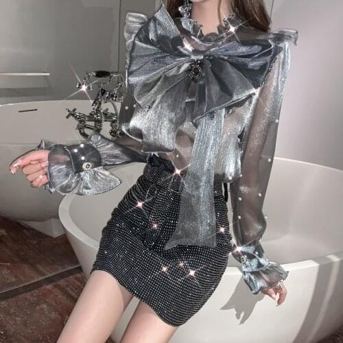 Sweet Girl Spring/Autumn French Sexy Elegant Woman Lace Chiffon Bow Tie Shirt + Flash Drilling Skirt Offiec Lady Business Suit