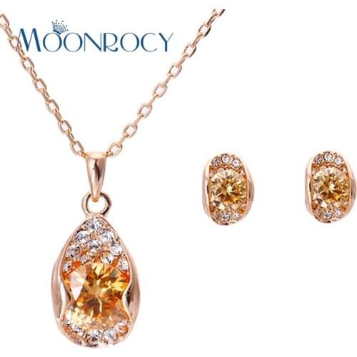 MOONROCY Cubic Zirconia Rose Gold Color Yellow Crystal Necklace and Earrings Jewelry Set for Women Gift Dropshipping Wholesale
