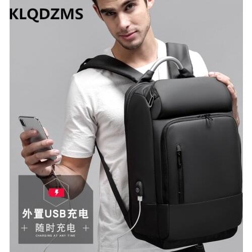 KLQDZMS Men Business Backpack Light Travel Simple Black With USB Charging Port Laptop-Bag Unique Shockproof Satchel