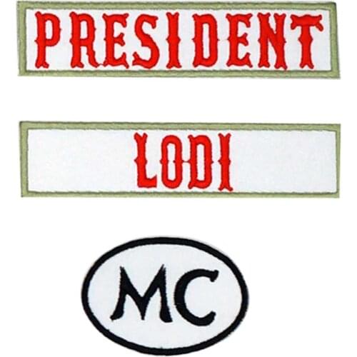 PRESIDENT mc lodi name tag patch iron on backing punk military skull embroidered rider biker patches for back vest hat