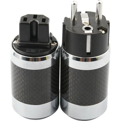 Hi-End EU Power Connector IEC Female Male EUR Carbon Fiber Rhodium Schuko Power Plug Hifi AC Electrical Cable Socket 2 Pins