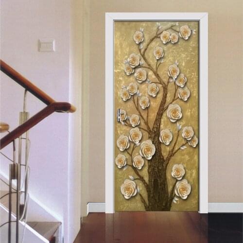 PVC Self-adhesive Removable Door Sticker 3D Embossed Golden Rich Tree Wallpaper Living Room Door Decor Decals DIY Wall Sticker