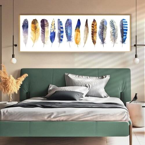 Nordic Colorful Abstract Feather Wall Art Canvas Painting Blue Yellow watercolor Print Wall Picture for Living Room Decor Poster