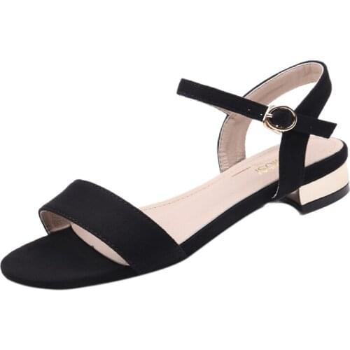 Comfortable womens sandals with flat buckle in black plus size non-slip rubber soles with low heel width