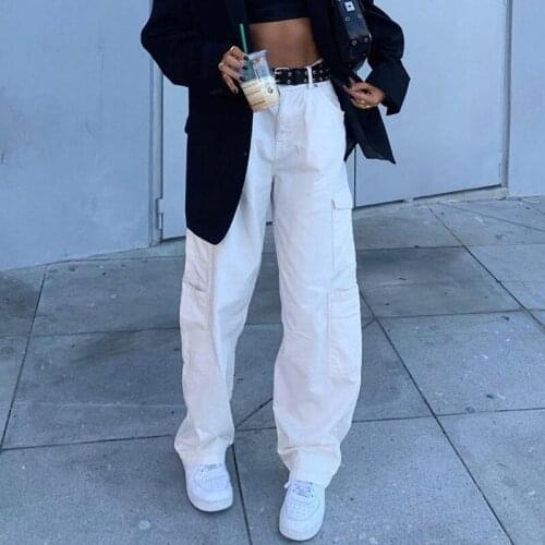 Vintage High Waist Womans Straight Jeans Cargo Pants Women Mom Jeans Black White Blue Femme Taille Haute Broeken Dames 2021