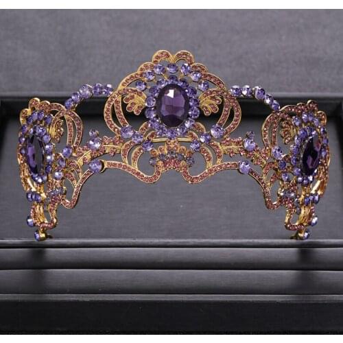 Vintage Purple Crystal Big Gold Queen Crown for Bridal Headpiece Prom Wedding tiara Women Hair Jewelry Wedding Hair Accessories