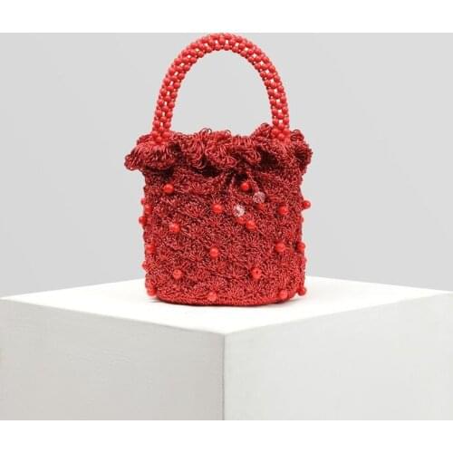 Bucket Beaded Cotton Woven Handbag for Women Hand-woven Pearl Fashion Ladies Purses Party Candy Female Money Pocket Small Clutch
