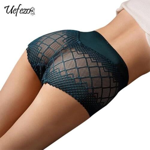 Uefezo Womens Panties Underwear Sexy Lace Lingerie High Fit Female Boyshort High Waist Briefs Rhombus Mesh Underpant Plus Size