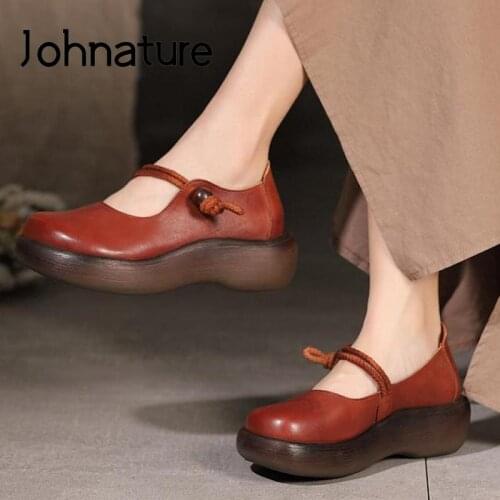 Johnature Genuine Leather Pumps Women Shoes Retro 2021 New Spring/Autumn Wedges Handmade Leisure Round Toe Shallow Ladies Shoes