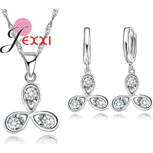 Lady Best Gift 925 Sterling Silver Cubic Zirconia Clover Shape Pendant Necklace Drop Earrings Brincos Jewerly Set