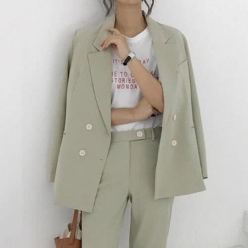 2Pcs Office Lady Suit Set Autumn Solid Color Double-breasted Blazer Long Pant Women Blazers And Pants Set Business