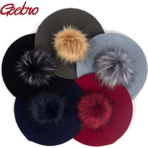 Winter Autumn Women Fashion Hats With Faux Fur Pom Pom Slouchy Knitted French Artist Berets Girls Solid Color Hairball Caps