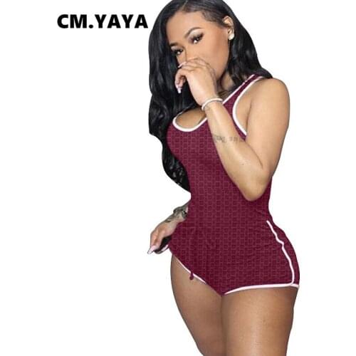 CM.YAYA Women Bodysuit Sleeveless Sheath Elastic Drawstring Waist Solid Bodysuits Female Sportswear Casual Outfits Summer 2021