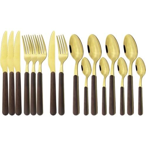 4 Set Wooden Handle Dinnerware Stainless Steel Tableware Glossy Cutlery Set Knives Forks Tea Spoon Silverware Party Flatware Set