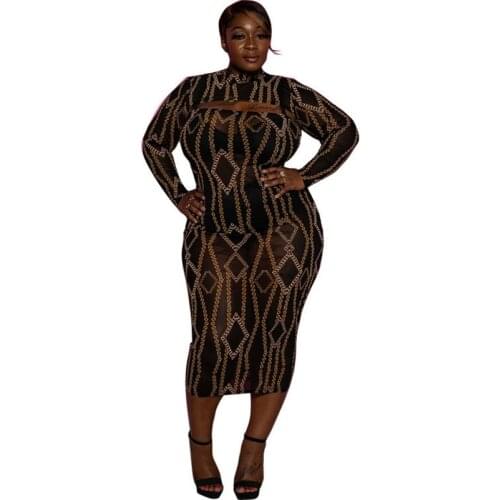 African Pencil Dress Women Stand Collar Full Sleeve Hollow Out Robes Robes Autumn New Print Fashion Sexy African Long Dress Gown