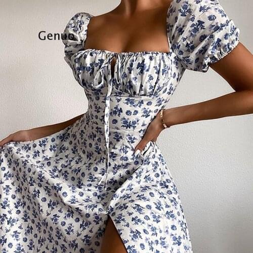 Floral Print Casual Midi Sexy Party Dresses for Womens Strapless Autumn Summer Dress Club Bodycon Dress Puff Vestidos