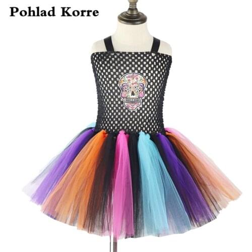 Fancy Black Rose Skull Girls Tutu Dress Children Skull Halloween Costume Kids Cosplay Carnival Party Dresses Girls Clothes XX058