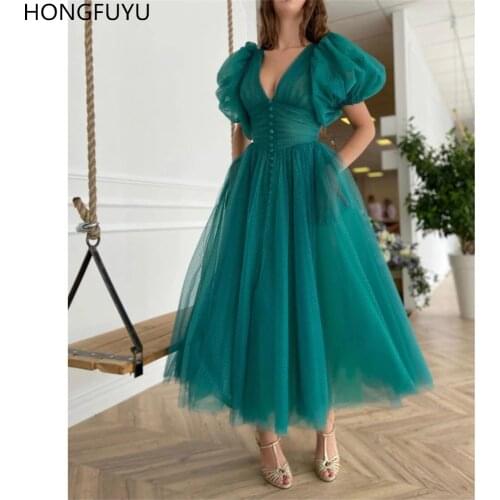 HONGFUYU Teal Green Dotted Tulle Prom Cocktail Dresses Tea Length A-line Evening Gowns Puff Sleeves Buttoned Top robe de soirée