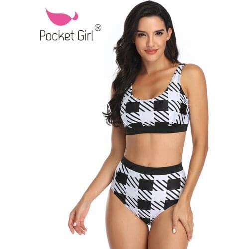 Pocket Girl 2021 High Waist Swimsuit Women Push Up Bikinis Mujer Sexy High Cut Swimwear Female Grid Bathing Suit 2 Pieces Set
