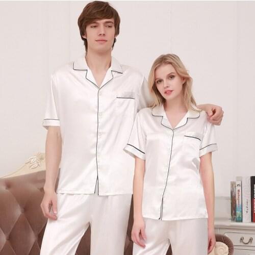 Mens Summer Silk Pajamas Womens Short Sleeve Silk Homewear Couples Pajamas Male Leisure Silk Top Trousers 2pc Housewear D-2182