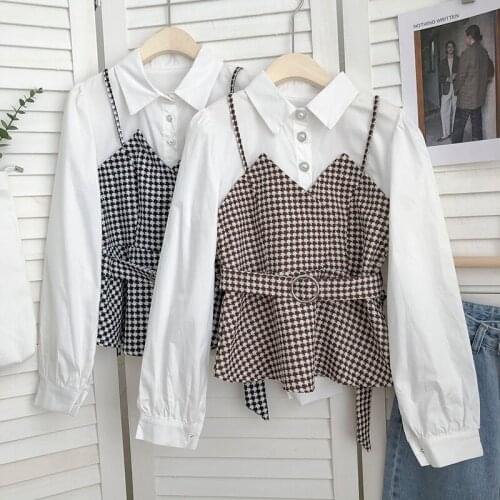 Autumn Retro Blouse Female Color Matching Houndstooth Stitching Lapel Single-breasted Blusa Waist Shirt KK1001