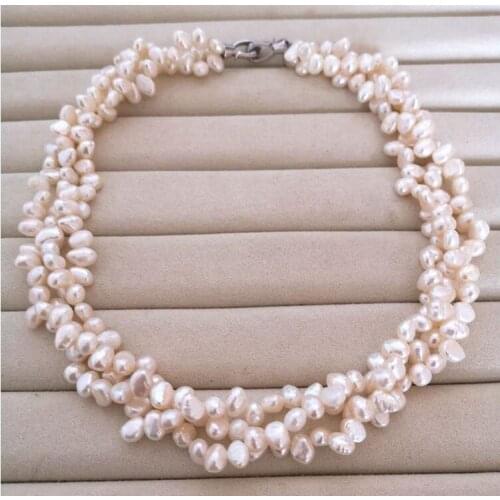 3 rows 6x7mm white baroque flat pearl choker necklace natural Freshwater PEARL Women Jewelry 43cm 17'' 35cm