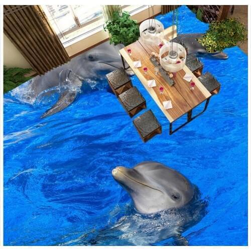Custom Photo Floor 3D Wallpaper Modern Art 3D Dolphin Playing Floor Tiles Floor Painting Self-adhesive PVC Wallpaper