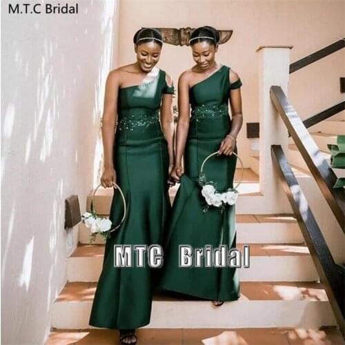 Dark Green Long African Bridesmaid Dresses One Shoulder Mermaid Satin Wedding Guest Dress Wholesale Maid Of Honor Gown Plus Size