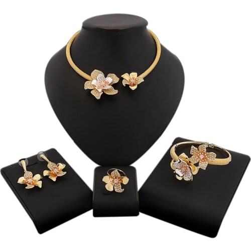Yulaili Luxury Flowers Boom Women Engagement Cubic Zirconia Choker Necklace Earrings Dubai Gold Jewelry Sets Jewelery Addiction