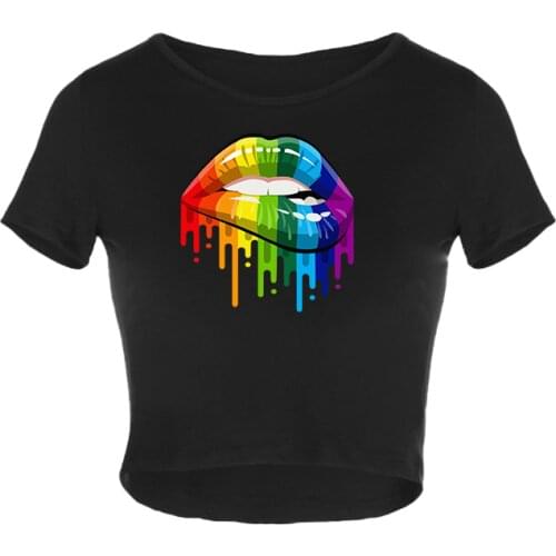 New Ladies Print Colorful Rainbow Lips Crop Top Slim Short Sleeves Casual Appliques Daily Tee