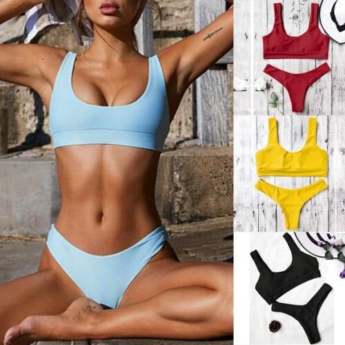 Plus Size Swimsuit Sexy Womens Swimming Suit Solid Push-Up Padded Mujer Bikini Bathing Two Piece Bikini Sets Mid Waist Swimwear