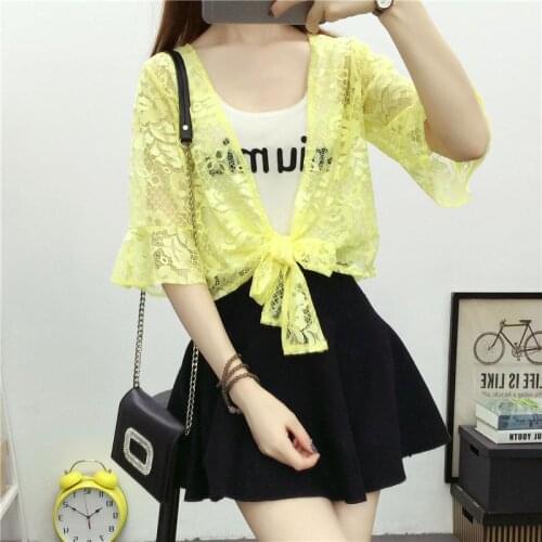 2021 Women Summer Half Sleeve Jacket Thin Perspective Shawl Shrug Top V Collar Mesh Lace Cardigans Cute Shrug