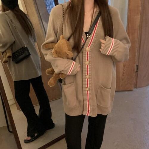 2021 Women Autumn V Neck Knitted Striped Cardigan Sweater Korean Loose Cozy Single Breasted Crochet Outerwear Female