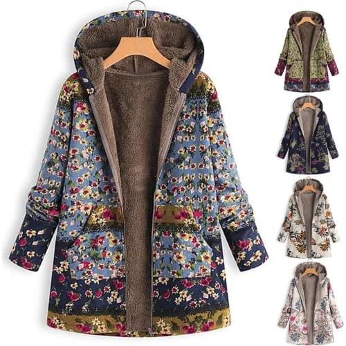 Women Coat Winter Casual Floral Print Warm Fleece Hooded Female Coat Fashion Plus Size Loose Pocket Women Outwear Long Coat