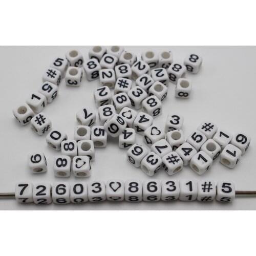 250 White with Black Assorted Number "#" Cube Beads 6X6mm
