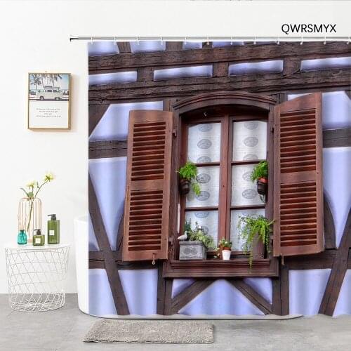 3D Old Wooden Window Green Plants Bathroom Curtain Wooden Door Shower Curtains Washable Fabric Home Decor Wall Bathroom Products