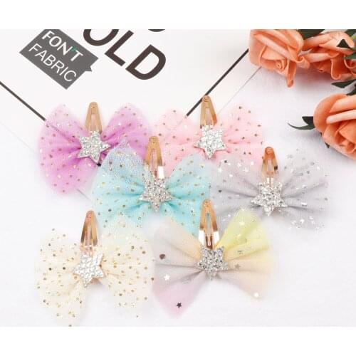 Xugar Hair Accessories Hair Clips for Girls Glitter Stars Printed Organza Bowknot Kids Hair Barrettes Lace Hair Bows BB Hairpins