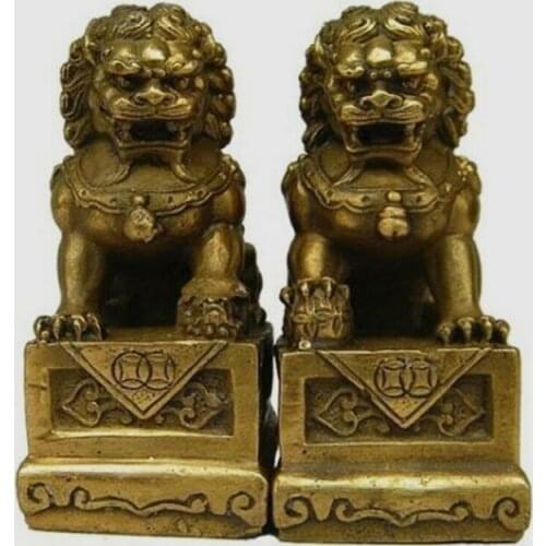China Chinese Brass Folk Fengshui Foo Fu Dog Guardion Door Lion Statue Pair