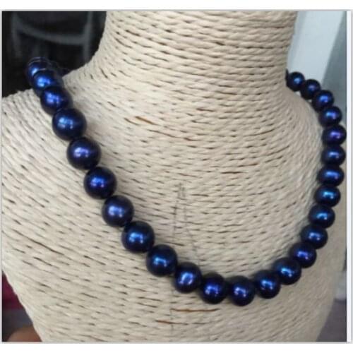 Elegant AAA 10-11mm tahitian black blue round pearl necklace 18inch 14k/20